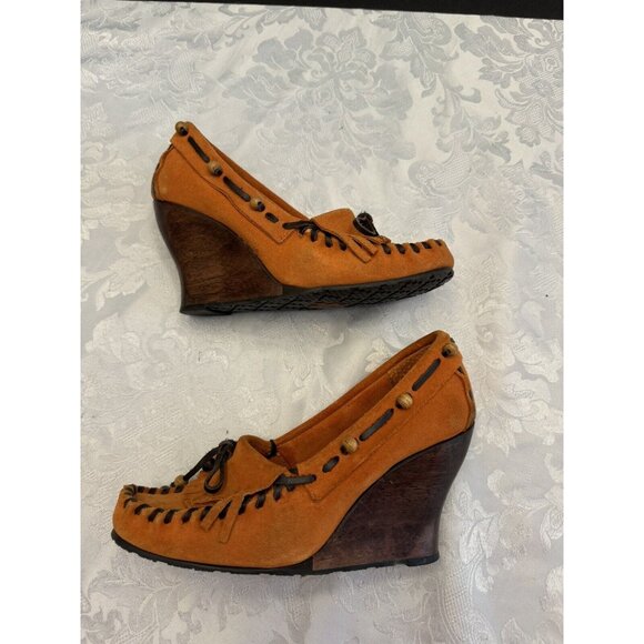 Sam Edelman Size 6M Angelina Moccasin Wedge Shoe Orange Fringe Suede - Picture 10 of 16